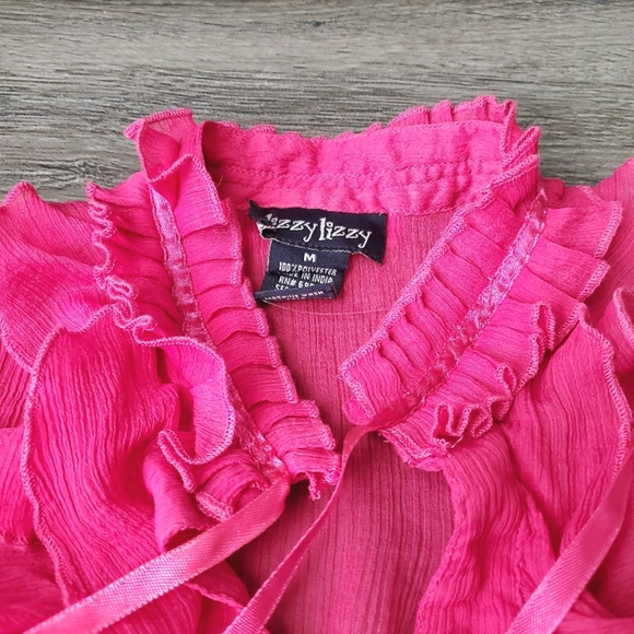 NWOT Dizzy Lizzy Fuchsia Pink Sheer Tie Neck Top w/ Ruffles & Ribbons - Picture 7 of 10